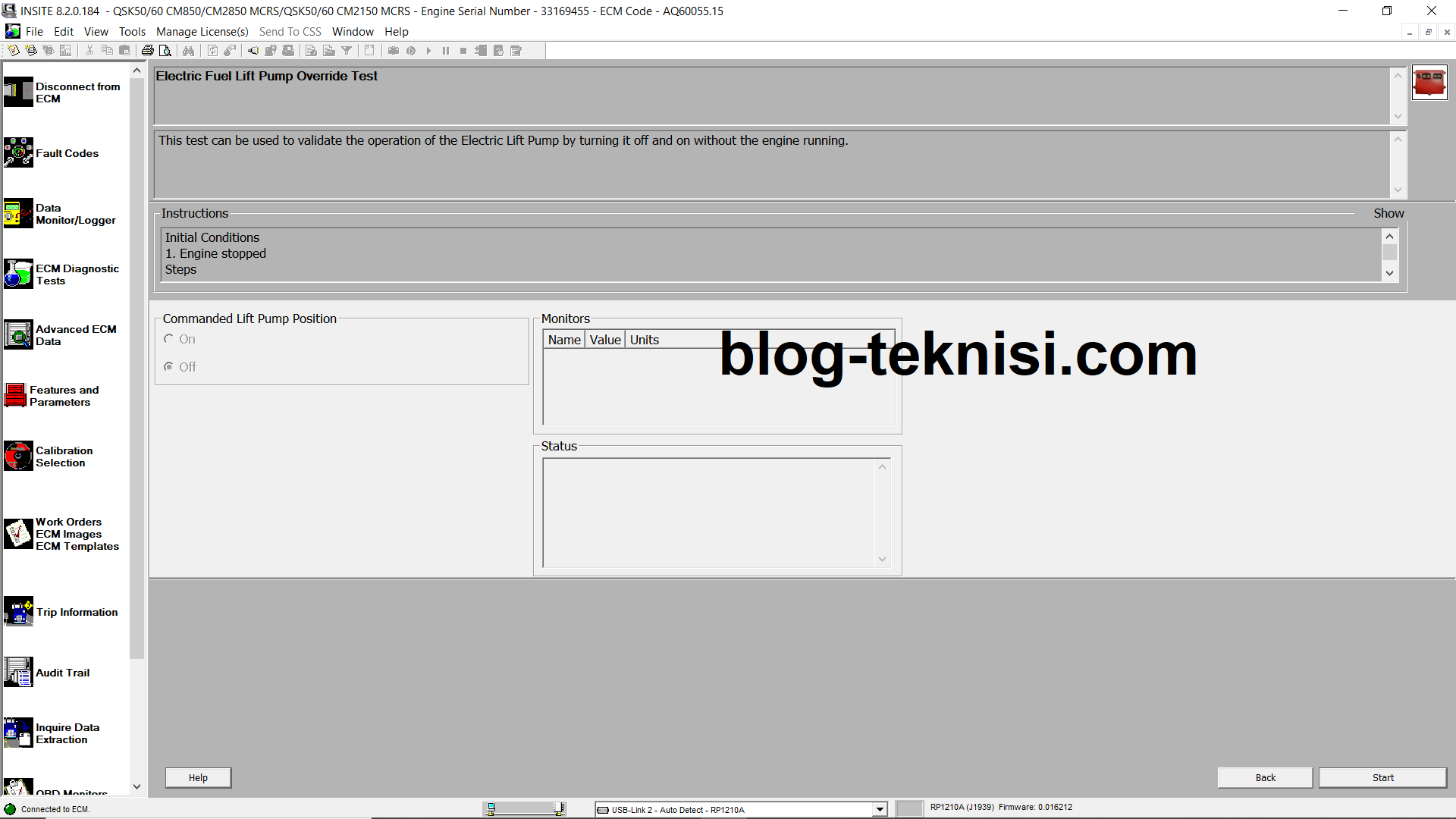 Fuel Lift Pump Override Test on Cummins INSITE Software (CUMMINS