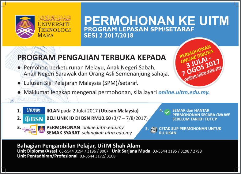 The Edvisor Malaysia Permohonan Uitm Upsi Kemasukan Sesi Akademik 2 2017 2018 Lepasan Spm Setaraf