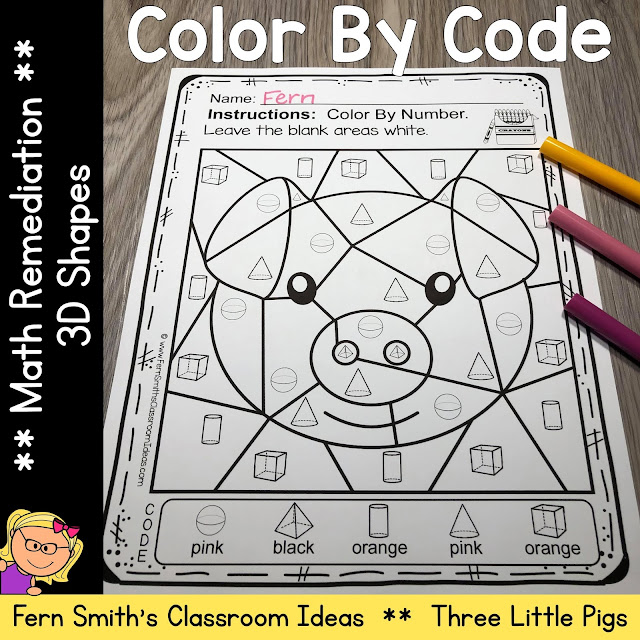 Color By Code Math Kindergarten Remediation Basic 3D Shapes Three Little Pigs