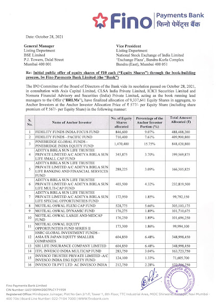 Fino Payments Bank Anchor Investors List