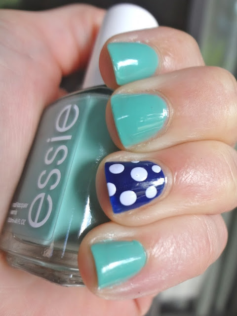 turquoise nails, navy and polka dots accent nail