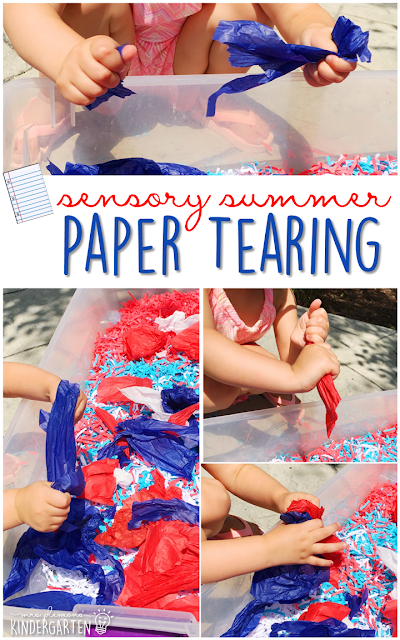 Practice fine motor skills with this paper filled sensory bin! This is a perfect activity for summer tot school, preschool, or kindergarten!