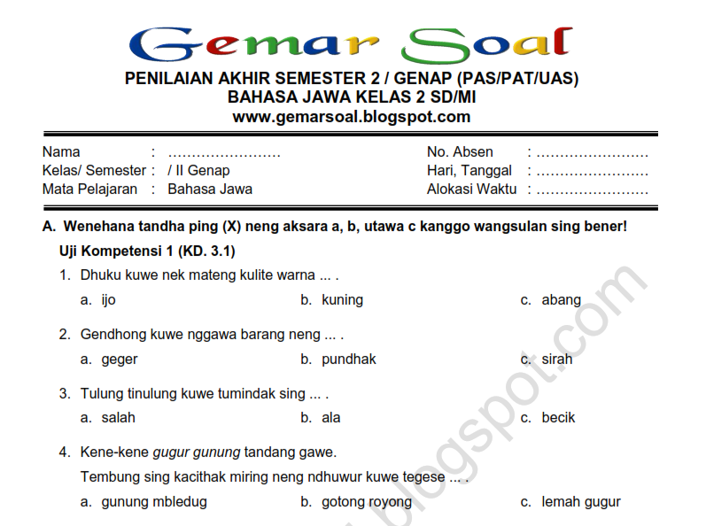 Download Soal PAT / UAS Bahasa Jawa Kelas 2 SD MI Semester 2 Plus Kunci