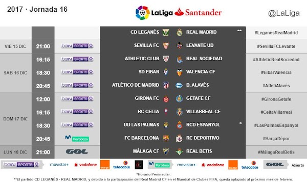 Liga Santander 2017/2018, horarios oficiales de la jornada 16