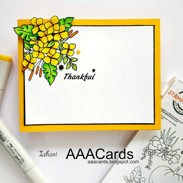 Stamplorations, CAS card, floral card, Copic markers, Quillish, Thank you card, STAMPlorations Dee's artsy thankful and blessed stamp set, thanksgiving card, quick and easy cards, autumn color pallette card, cards by Ishani