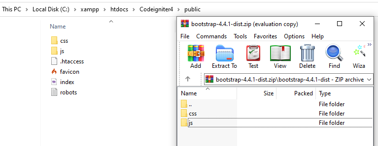 ekstrak file zip bootstrap 4 kedalam folder public pada codeigniter 4