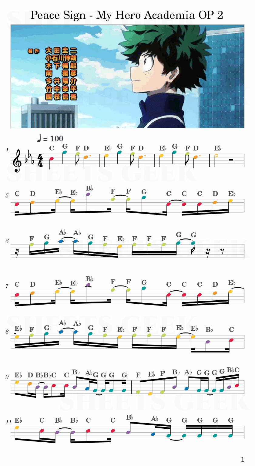 Peace Sign My Hero Academia OP 2 Easy Sheet Music