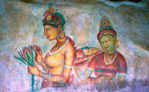 The paintings would have covered most of the western face of the rock, covering an area 140 metres long and 40 metres high. There are references in the graffiti to 500 ladies in these paintings. However, many more are lost forever, having been wiped out when the Palace once more became a monastery − so that they would not disturb meditation. Some more frescoes, different from the popular collection, can be seen elsewhere on the rock surface, for example on the surface of the location called the "Cobra Hood Cave".  Although the frescoes are classified as in the Anuradhapura period, the painting style is considered unique; the line and style of application of the paintings differing from Anuradhapura paintings. The lines are painted in a form which enhances the sense of volume of the figures. The paint has been applied in sweeping strokes, using more pressure on one side, giving the effect of a deeper colour tone towards the edge. Other paintings of the Anuradhapura period contain similar approaches to painting, but do not have the sketchy lines of the Sigiriya style, having a distinct artists' boundary line. The true identity of the ladies in these paintings still have not been confirmed. There are various ideas about their identity. Some believe that they are the wives of the king while some think that they are women taking part in religious observances. These pictures have a close resemblance to some of the paintings seen in the Ajanta caves in India The frescoes, depicting beautiful female figures in graceful contour or colour, point to the direction of the Kandy temple, sacred to the Sinhalese.