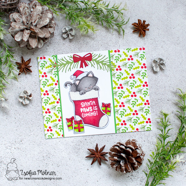 Cat Christmas Card by Farhana Sarker | Newton's Stocking Stamp Set, Meowy Christmas Paper Pad, and Circle Frames Die Set by Newton's Nook Designs