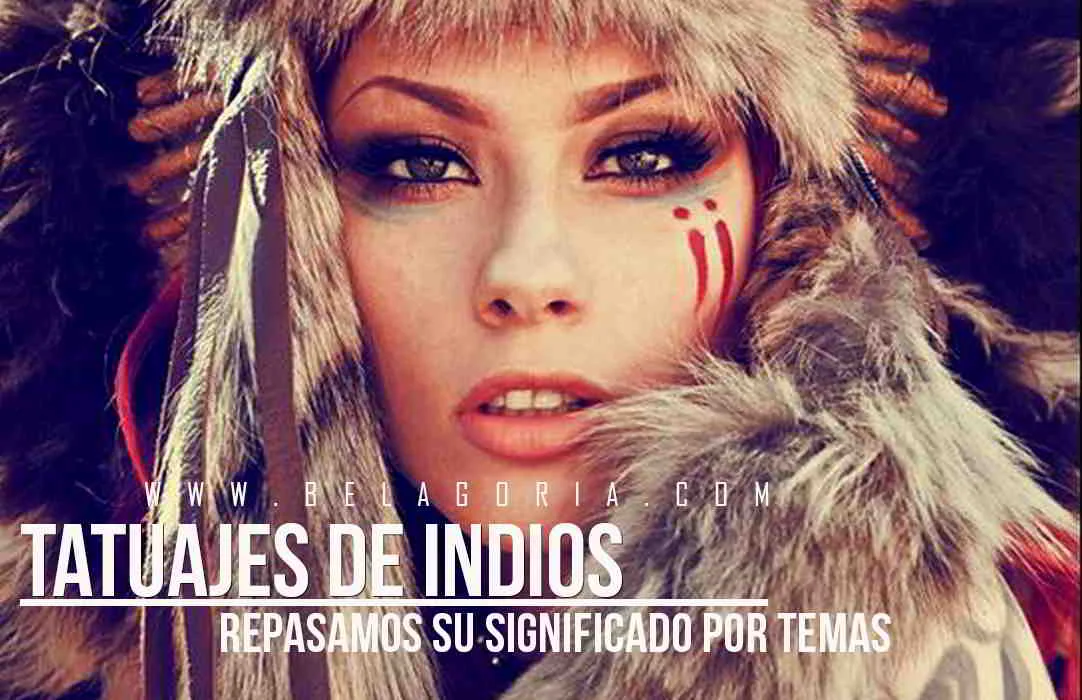 Fotogrfia de modelo ataviada como Nativa Americana lleva tatuaje tribal rojo en la mejilla