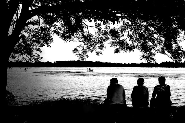 Três homens sentados embaixo de árvores observando a água