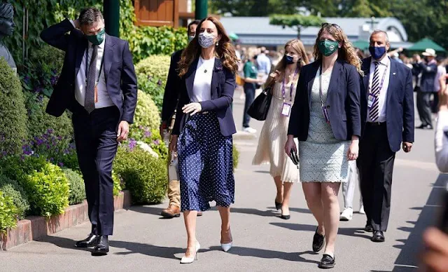 Kate Middleton wore a new pleated polka-dot silk midi skirt by Alessandra Rich, and duchess wool blazer by Smythe