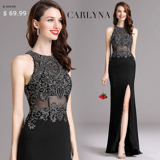 CARLYNA BLACK SLEEVELESS BEADED EVENING GOWN WITH SLIT SKIRT