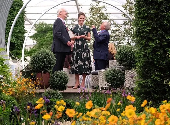 Kate Middleton wore Rochas Floral Printed Silk Crepe de Chine Dress, L.K. Bennett Fern pumps and Monica Vinader Siren Wire Earrings