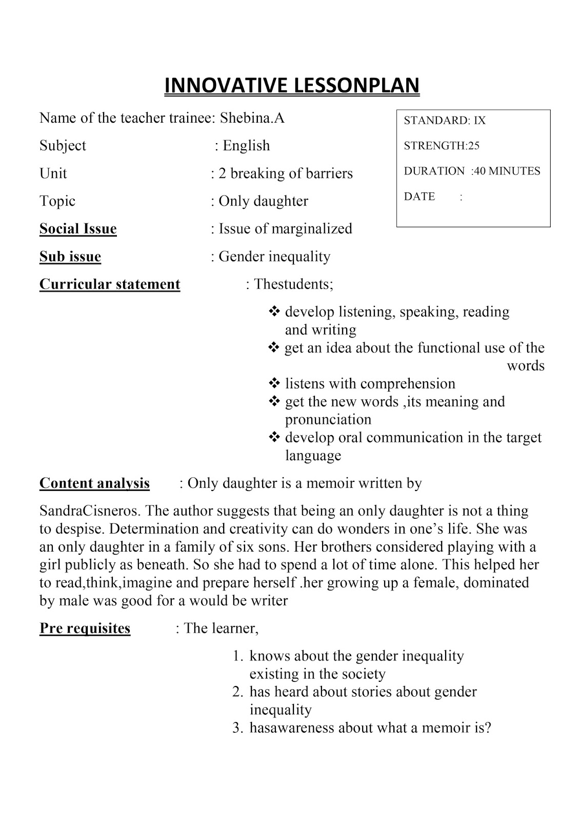 ENGLISH: INNOVATIVE LESSON PLAN