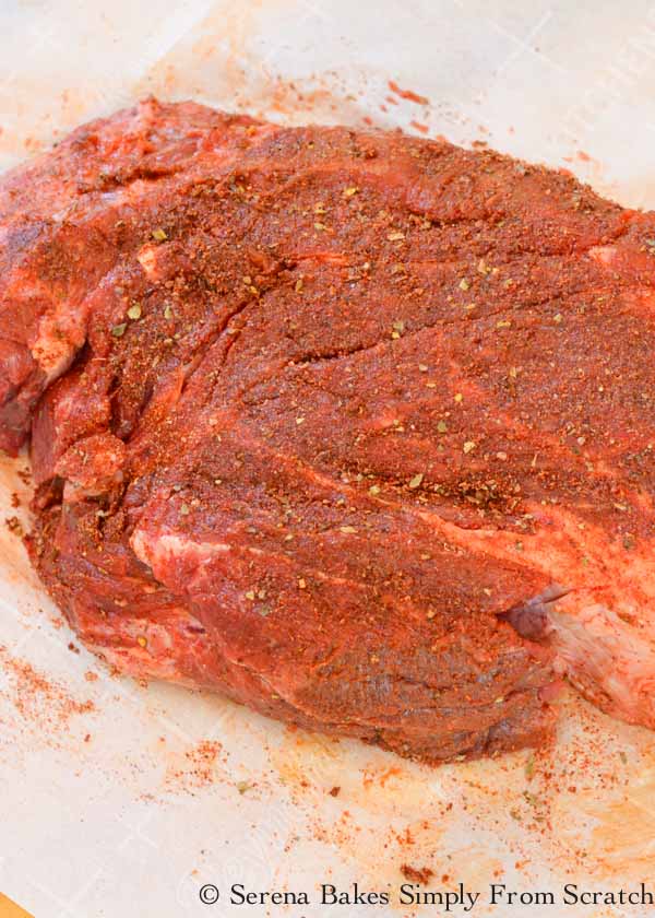 Chuck Roast rubbed with spice mix ready to smoke.