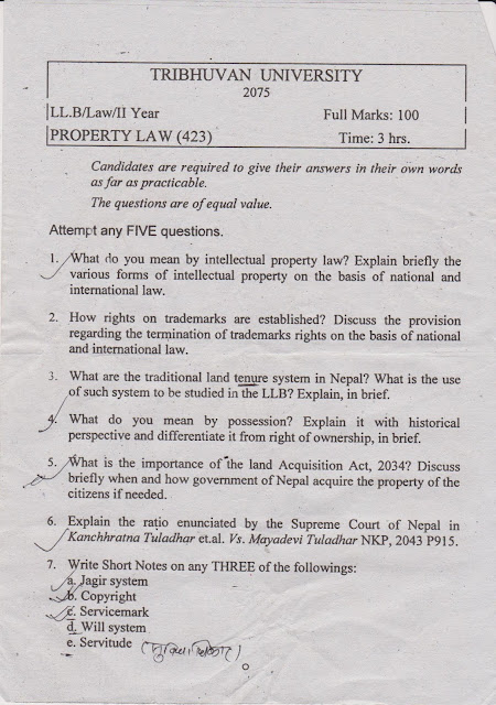 Property Law, LLB Second Year (423) Question Paper  2075