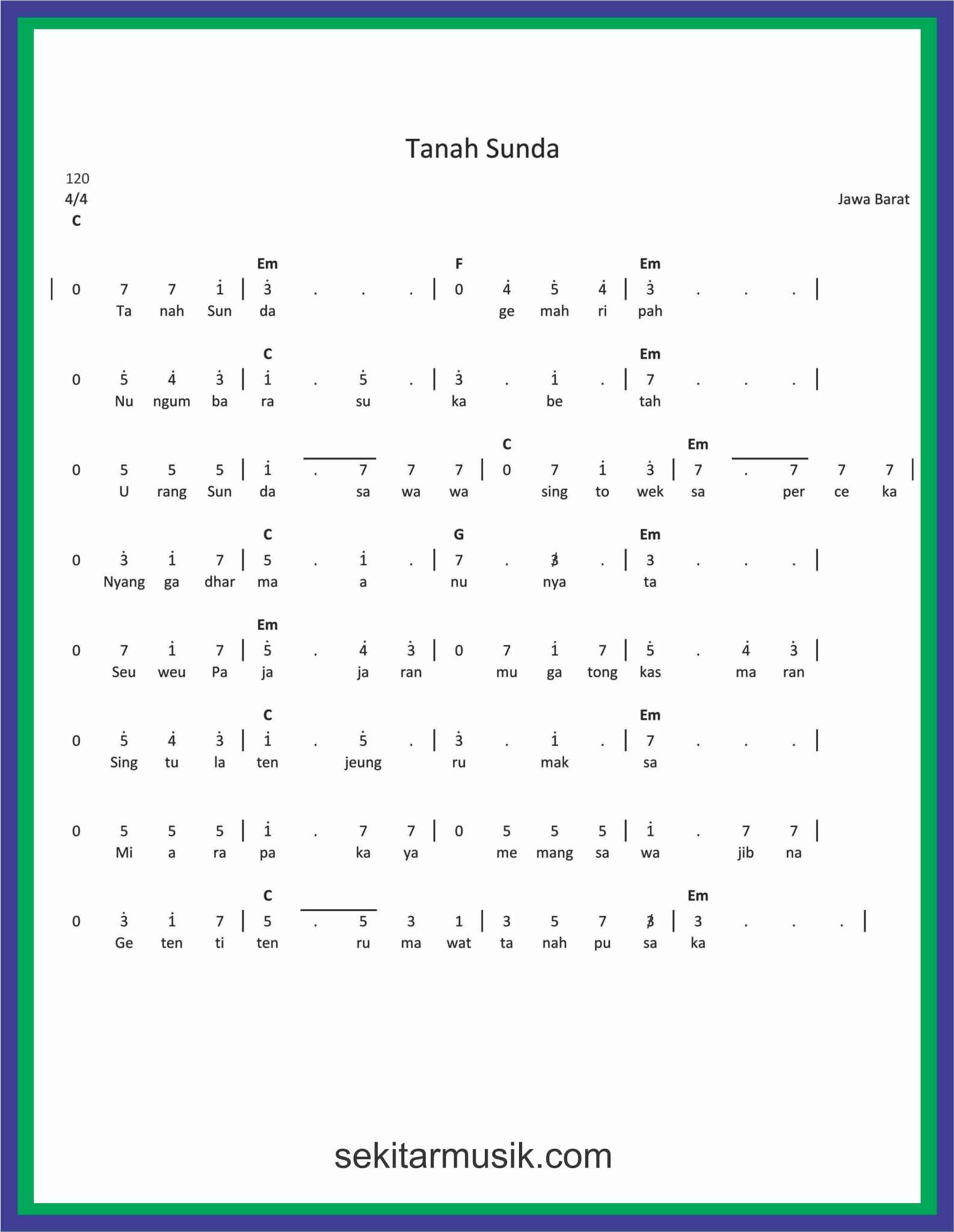 Not Angka Lagu Tanah Sunda Sekitar Musik