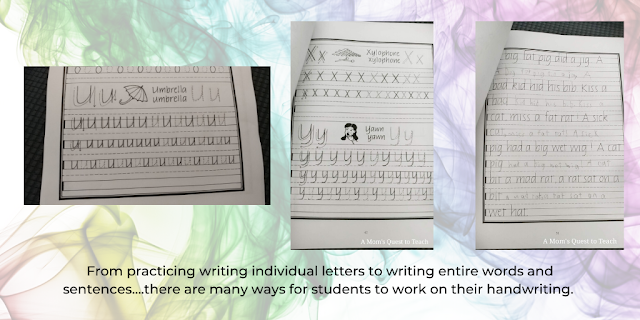 practice handwriting sheets (letter u, x, y, and words); text: From practicing writing individual letters to writing entire words and sentences...there are many ways for students to work on their handwriting