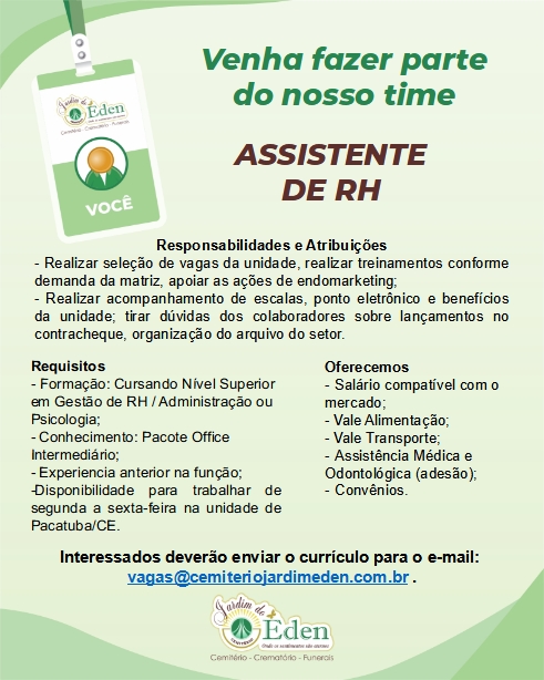 Vaga de Emprego de Assistente de Recursos Humanos, Campinas / SP