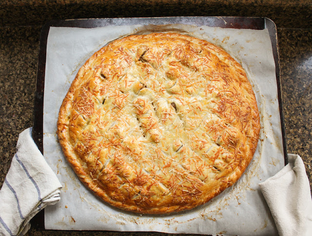 Food Lust People Love: Flaky puff pasty and a delectable filling make this chicken and mushroom puff pastry pie the perfect luncheon or brunch fare. It’s delicious warm or at room temperature. This special pie will generously serve 4-6 people. Serve it alongside some freshly steamed vegetables or a crisp green salad.