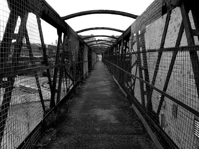 Pedestrian walkway across bridge with mesh at the side and  uncovered roof in black and white.