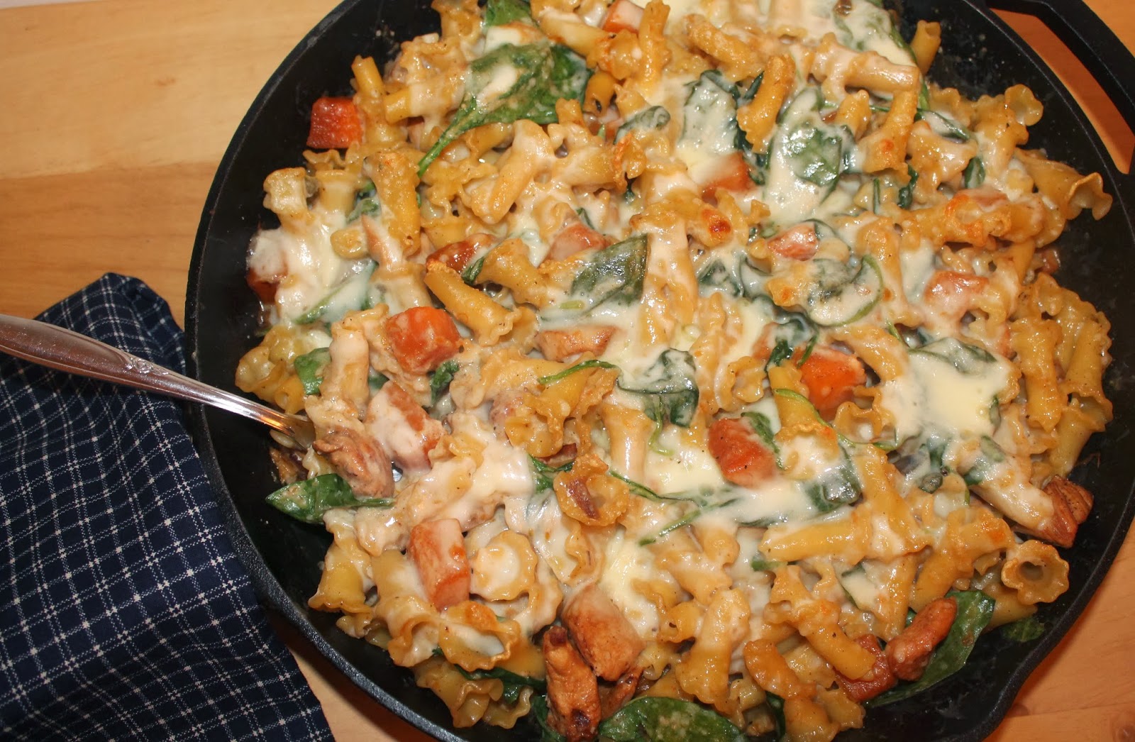 Savory Moments Chicken, butternut squash, and spinach skillet pasta bake