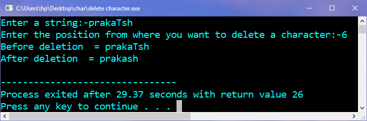 Program in C to delete a Character from a given position in a given string