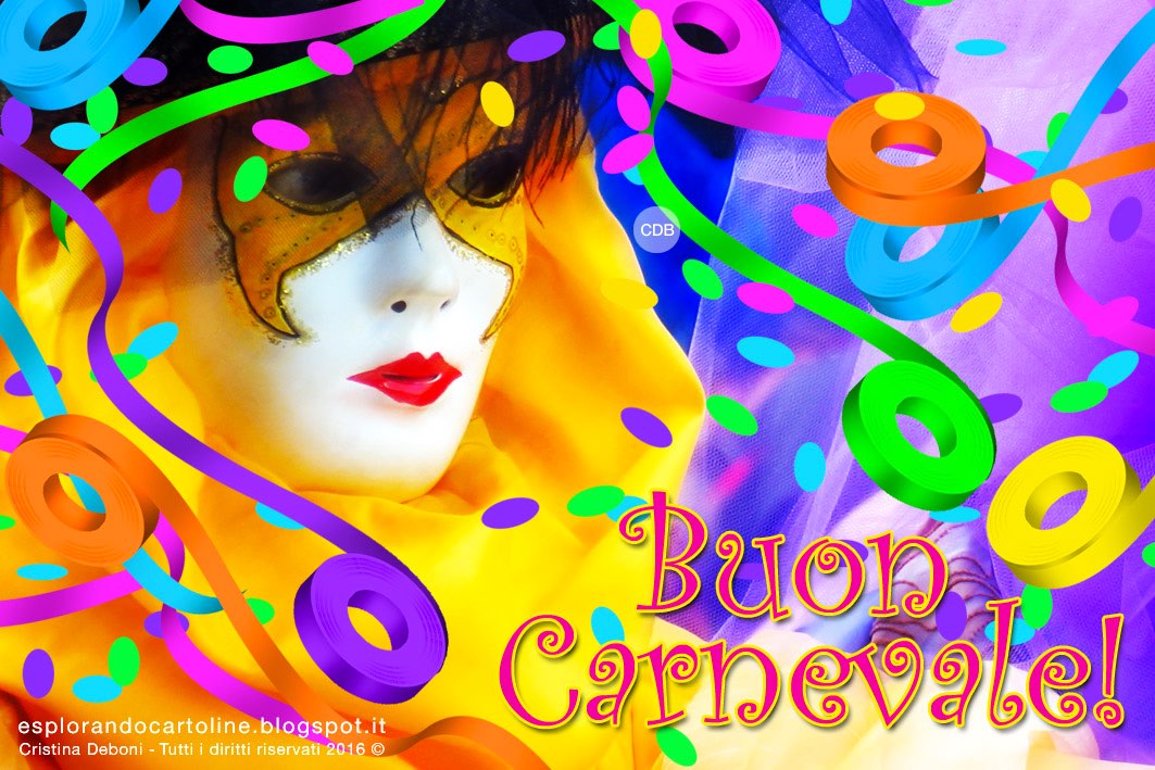 Cdb Cartoline Per Tutti I Gusti Cartolina Buon Carnevale Con Immagine Di Maschera Gialla Tra Mille Coriandoli Colorati Da Scaricare E Condividere Gratis