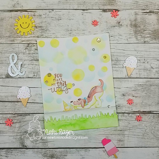 Dog and Ice Cream Summer Card by Naki Rager | Dog Days of Summer  and Say Woof Stamp Sets, Bokeh Stencil Set and Land Borders Die Set by Newton's Noook Designs #newtonsnook #handmade