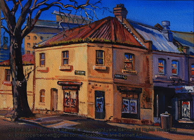 Plein air acrylic painting of the old milkbar/bakery corner of Harris and John Street Pyrmont by industrial heritage artist Jane Bennett