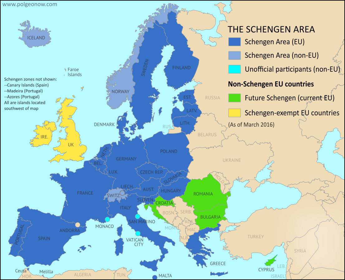 Map of the Schengen Area (the European Union's border-free travel zone), color-coded for EU Schengen countries, non-EU Schengen countries, future Schengen countries, and Schengen-exempt EU countries, as well as microstates unofficially participating in the Schengen agreements (colorblind accessible).