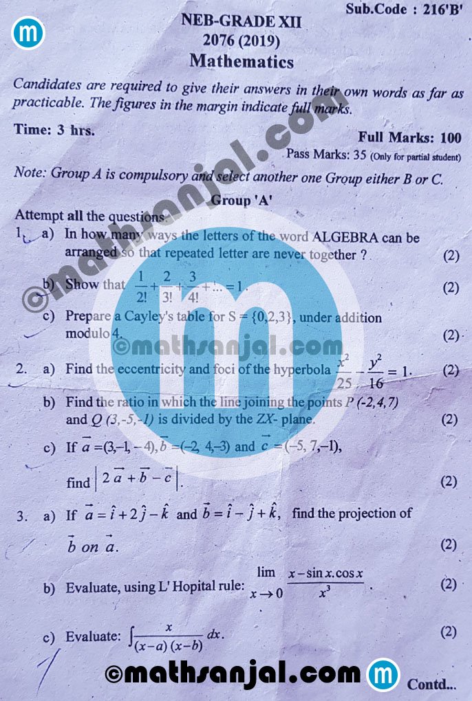 Mathematics Question Paper 2076 (2019) Grade 12XII Sub. Code