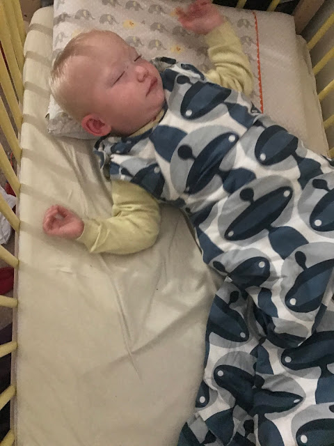 My daughter asleep in her cot in the Gro Company Orla Kiely Martian Sleeping Bag