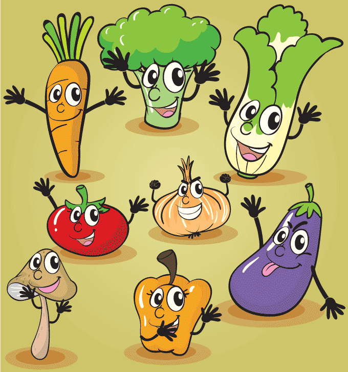 Alegres y divertidas verduras tipo cartoon