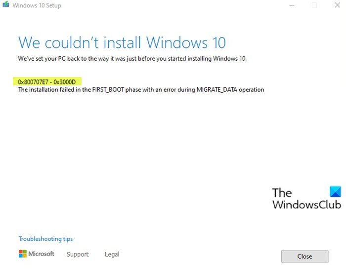 0x800707E7 - 0x3000D, l'installation a échoué dans la phase FIRST_BOOT