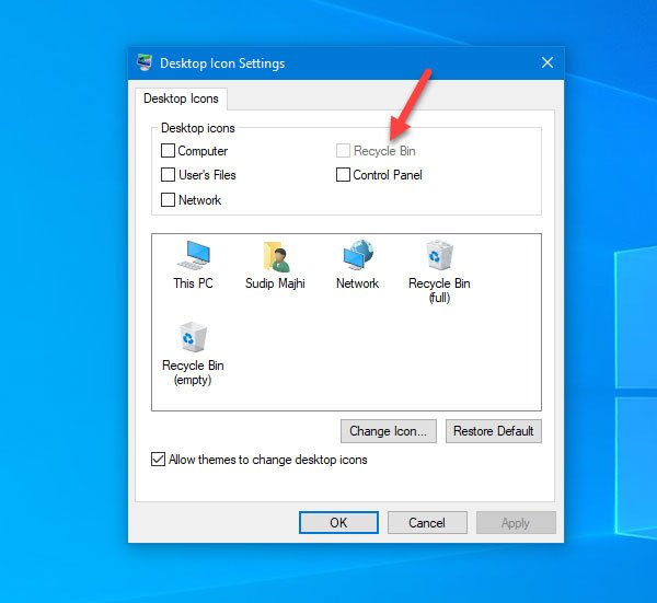 Il Cestino è disattivato nella finestra Impostazioni icona del desktop