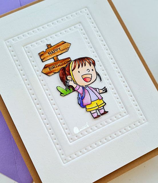 MFT Adorable adventures stamp set, MFT adorable advenntures card, Birdie brown stamp set, card for girls,Dry embossing with dies, Stretch your dies, Dry embossing with dies, CAS card , Cute card, Zig clean color coloring, Quillish