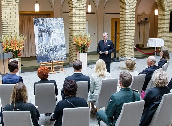 Crown Princess Mette-Marit wore Self-Portrait Flower Garden Contrast Panel Guipure Lace Dress. Queen Sonja