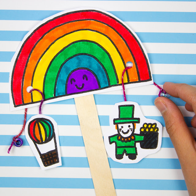 St. Patrick's Day Rainbow Paper Pull Craft for Preschoolers- Print out free printable, color, and then make this fun moveable paper craft with your kids!