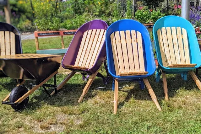 Chairs made from wheelbarrows at the WWII Victory Garden in Boston, Massachusetts