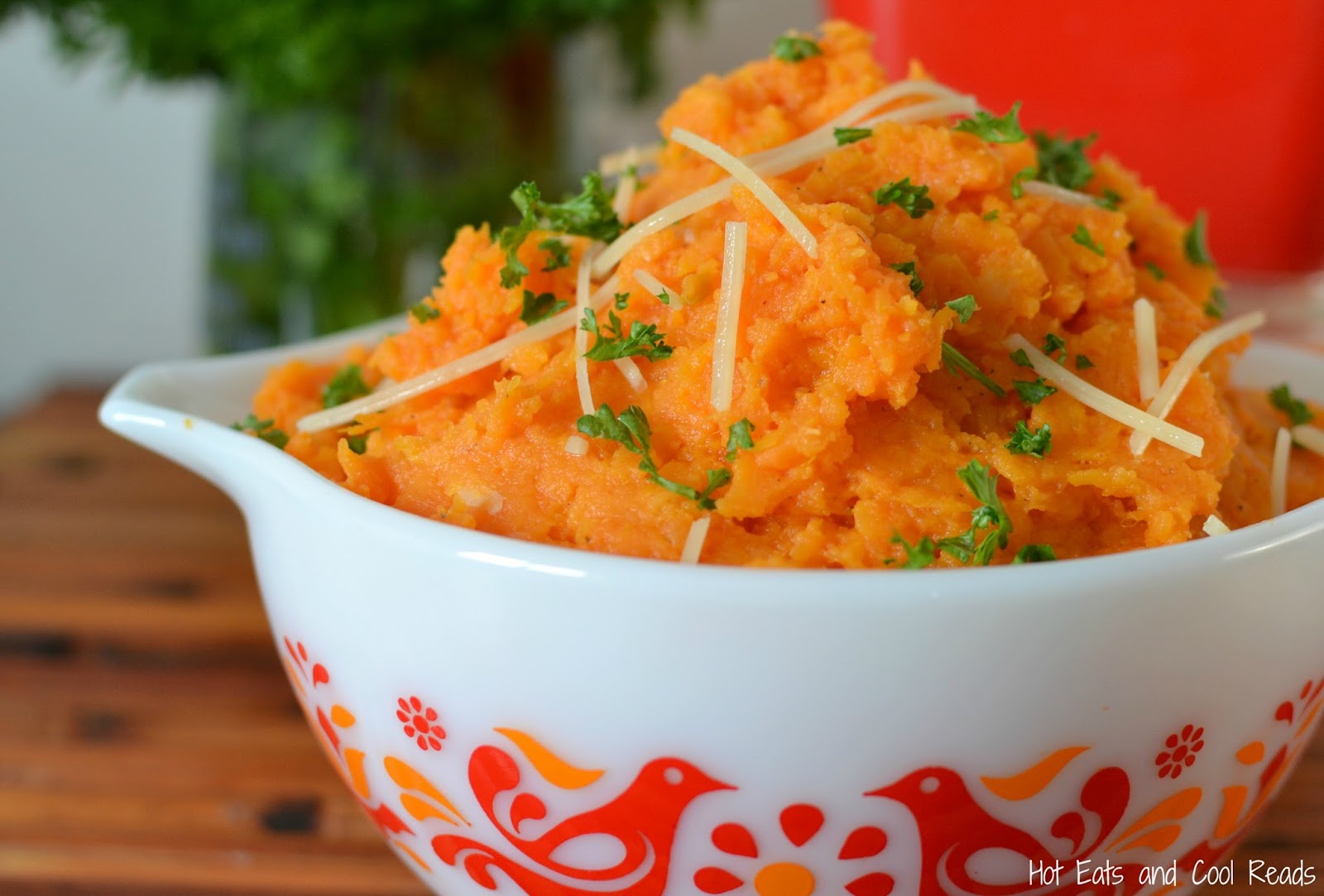 Zesty Parmesan Mashed Sweet Potatoes Recipe from Hot Eats and Cool Reads! These mashed sweet potatoes are a lovely fall treat! Make them for a side at dinner or something new for Thanksgiving!