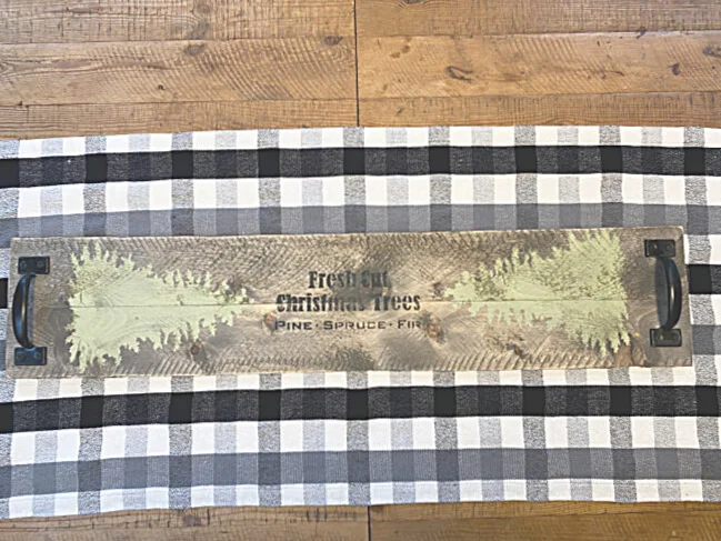 wooden table runner with christmas trees