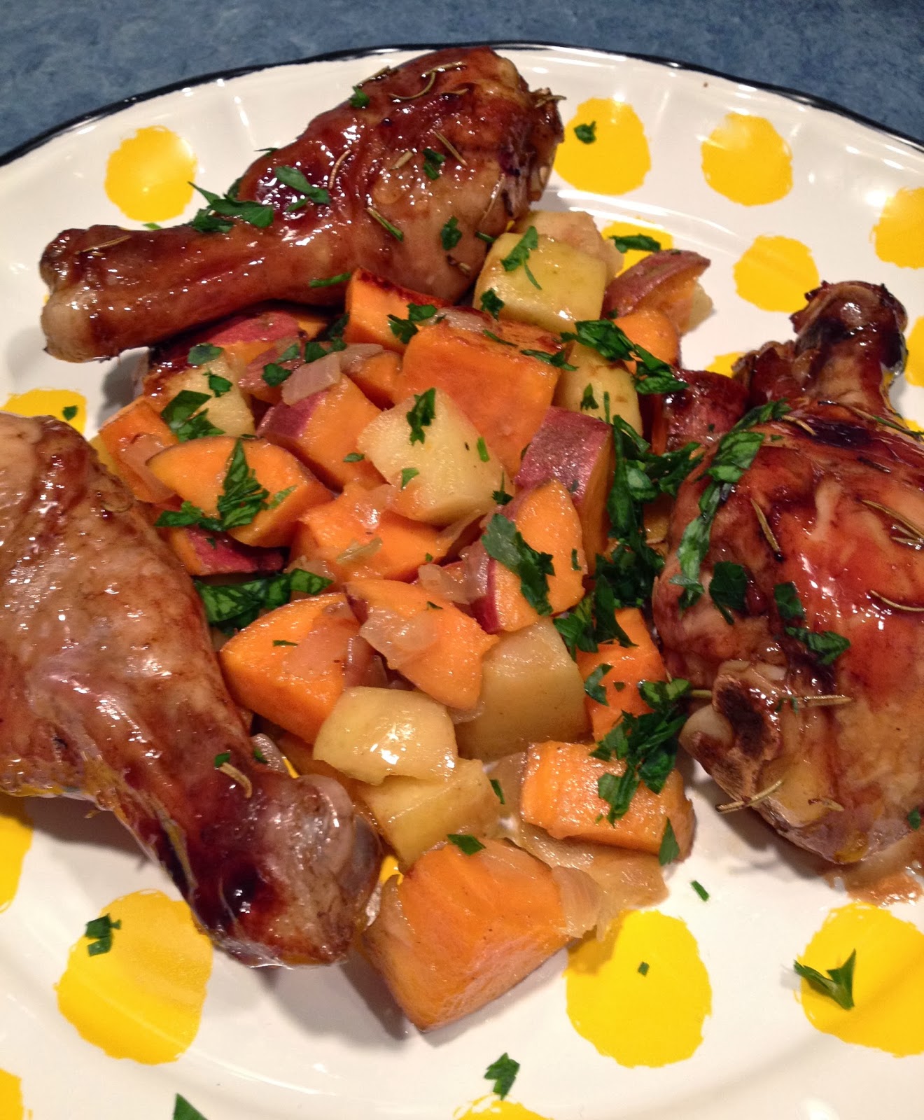 Sweet Chicken Drumsticks with Sweet Potato and Apple Saute
