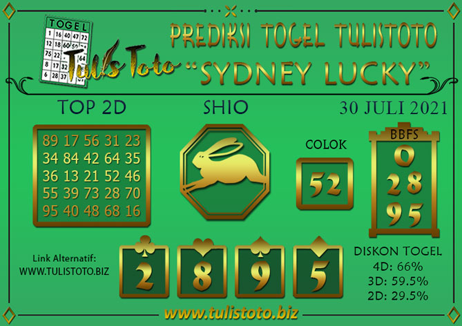 Prediksi Togel SYDNEY LUCKY TODAY TULISTOTO 30 JULI 2021