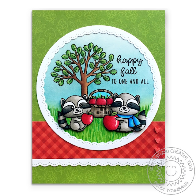 Sunny Studio: Woodsy Autumn Raccoons with Apples & Tree Handmade Card (using Critter Campout stamps, Fancy Frames Circle & Rectangle & Classic Gingham Paper) Sunny Studio: Woodsy Autumn Raccoons with Apples & Tree Handmade Card (using Critter Campout stamps, Fancy Frames Circle & Rectangle & Classic Gingham Paper)
