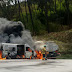 Caminhão bate em van e pega fogo na BA-523; área foi interditada