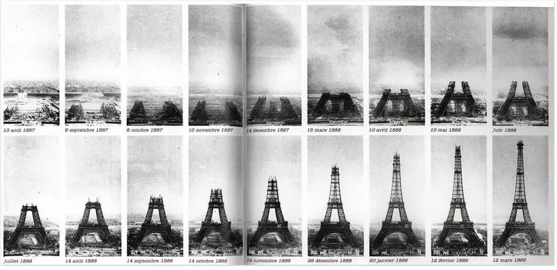 construção da Torre Eiffel em várias fotos, Paris, França