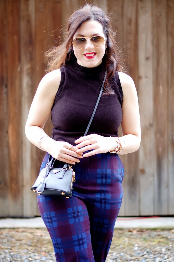 Aritzia Babaton Elton pant crop top outfit and mini Prada