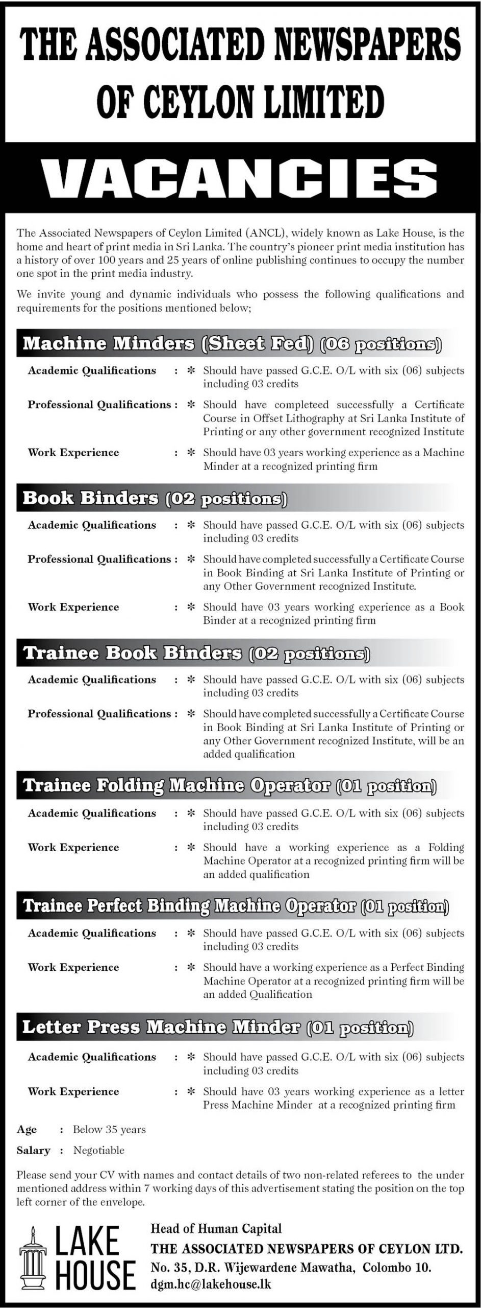 Book Binder, Machine Minder The Associated News Paper Job Vacancies